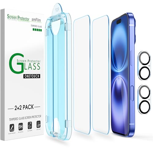 amFilm 2+2 Stück OneTouch Glas Schutzfolie Kompatibel mit iPhone 16 Plus (6.7", 2024),mit Härte 9H mit Kameraobjektivschutz aus Gehärtetem Glas, mit Easy Installation Kit, Hülle Freundlich von amFilm
