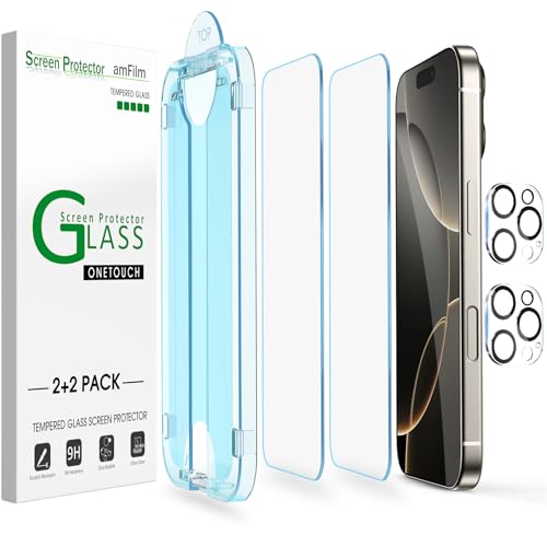 amFilm 2+2 Stück OneTouch Glas Schutzfolie Kompatibel mit iPhone 16 Pro (6.3", 2024),mit Härte 9H mit Kameraobjektivschutz aus Gehärtetem Glas, mit Easy Installation Kit, Hülle Freundlich von amFilm