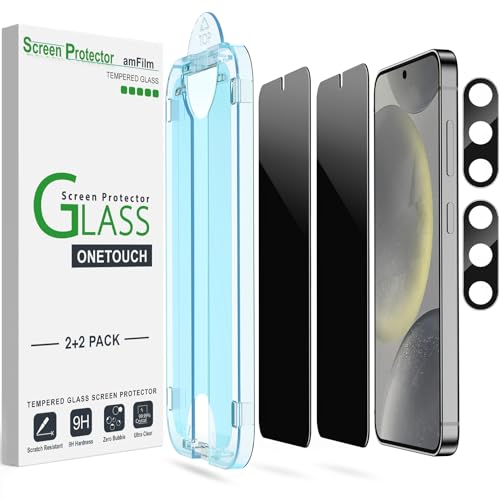 amFilm 2+2 Stück Sichtschutz Schutzfolie für Samsung Galaxy S24 5G mit Kamera-Objektivschutz [Anti Spy and Privacy Protection] HD Clear mit Easy Installation Tray von amFilm