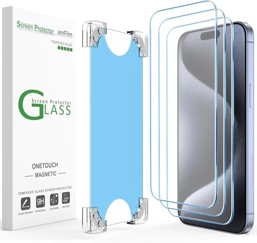 amFilm 3 Stück magnetische OneTouch iPhone 15 Pro Max 6,7 Zoll Displayschutzfolie [umweltfreundlich und reduziert Kunststoff] [unzerstörbares Ultra 9H gehärtetes Glas] [30 Sekunden automatische von amFilm