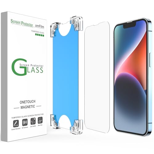 amFilm OneTouch Magnetische Displayschutzfolie aus gehärtetem Glas, kompatibel mit iPhone 14, 15,5 cm (6,1 Zoll), iPhone 13 / iPhone 13 Pro, 15,5 cm (6,1 Zoll), vollständige Abdeckung mit einfachem von amFilm