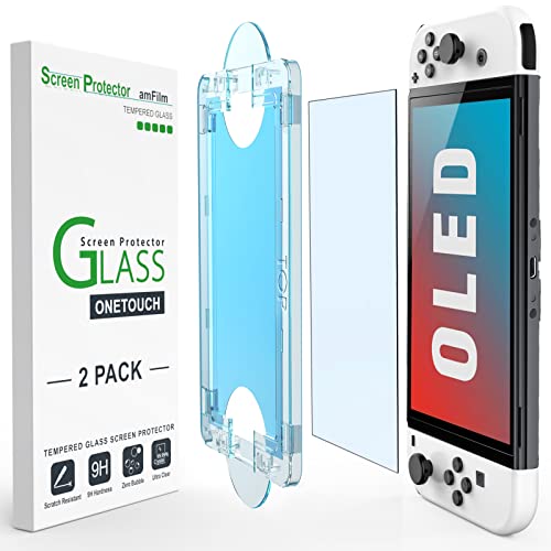 amFilm OneTouch Schutzfolie für Nintendo Switch OLED Model 2021- Mit Auto Alignment Kit, Blasenfrei [2 Stück] (SWTCHO- 7.0'') von amFilm