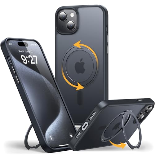 andobil DE Upgrade für iPhone 15 Plus Hülle für MagSafe (5 in 1) mit 360° Drehbar Unsichtbarem Ständer [Doppelseitiger Magnetring] Anti-Kratzt Dünne Matte Handyhülle für iPhone 15 Plus Case- Schwarz von andobil