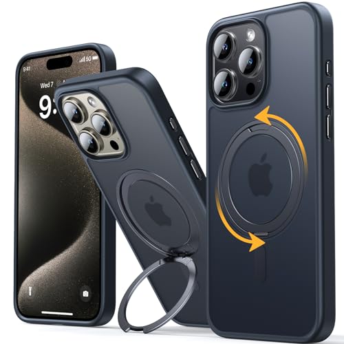 andobil Upgrade für iPhone 15 Pro Max Hülle für MagSafe (5 in 1) mit 360° Drehbar Unsichtbarem Ständer [Doppelseitiger Magnetring] Dünne Matte Handyhülle für iPhone 15 Pro Max Case- Schwarz von andobil