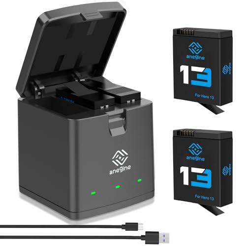 Anegine Hero 13 Akku 2100mAh und LED 3-Kanal USB Speicherladegerät für Hero 13 Black Enduro Wiederaufladbarer Akku mit Typ-C (2er-Pack) von anegine