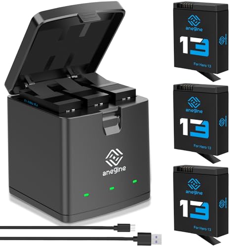 Anegine Hero 13 Akku 2100mAh und LED 3-Kanal USB Speicherladegerät für Hero 13 Black Enduro Wiederaufladbarer Akku mit Typ-C (3er-Pack) von anegine