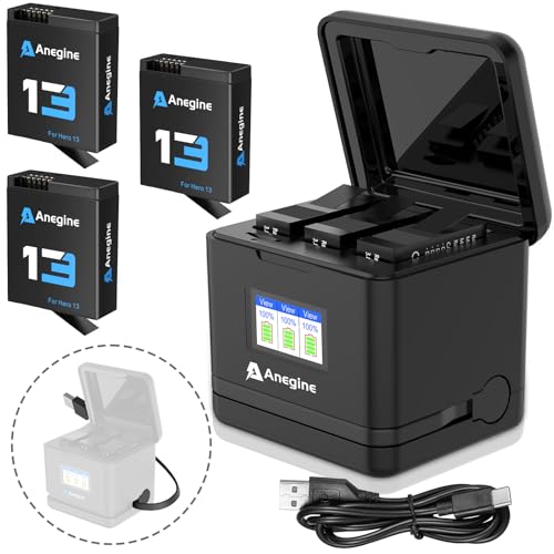 Anegine Hero 13 Akku 2300mAh und LCD 3-Kanal USB Speicherladegerät für Hero 13 Black Enduro Wiederaufladbarer Akku mit Typ-C (3er-Pack) von anegine