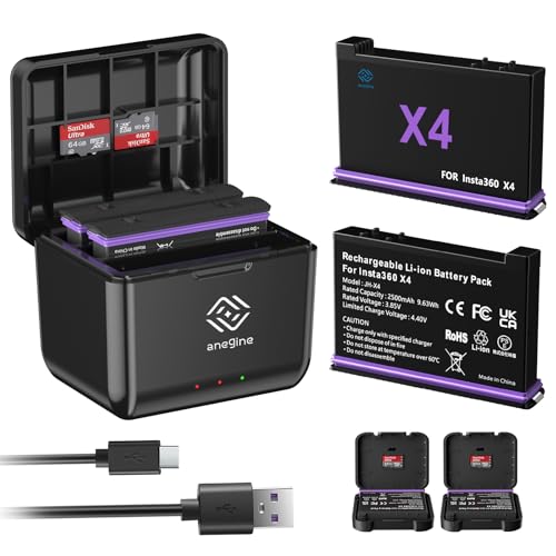 Anegine 360 X4 Akku 2500mAh und Schnelles 3-Kanal LED USB Ladegerät Kompatibel mit Insta360 X4 Action Kamera Zubehör mit SD Speicherkartensteckplatz (2er-Pack) von anegine