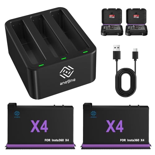Anegine 360 X4 Akku 2500mAh und 3-Kanal LED USB Ladegerät Kompatibel mit Insta360 X4 Action Kamera Zubehör mit SD Speicherkartensteckplatz (2er-Pack) von anegine