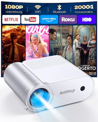 Antmap Mini Beamer Bluetooth, Kleiner Beamer für Handy, 1080P Unterstützung Projektor iPhone/Android, Filmprojektor Home/Outdoor Kompatibel mit Smartphone/TYP C Kabel/HDMI/USB/Fire Stick/PS5 von antmap
