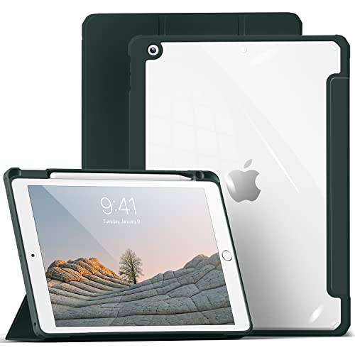 aoub Hülle für iPad 9. Generation 2021/iPad 8. Generation 2020/iPad 7. Generation 2019, Smart Folio Hülle mit Stifthalter für iPad 10,2 Zoll, Hülle für iPad 9/8/7, Transparente Rückseite, Armeegrün von aoub