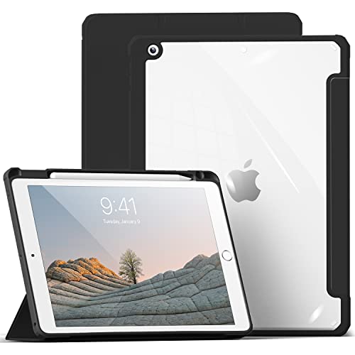aoub Hülle für iPad 9. Generation 2021/iPad 8. Generation 2020/iPad 7. Generation 2019, Smart Folio Hülle mit Stifthalter für iPad 10,2 Zoll, Hülle für iPad 9/8/7, Transparente Rückseite, Schwarz von aoub