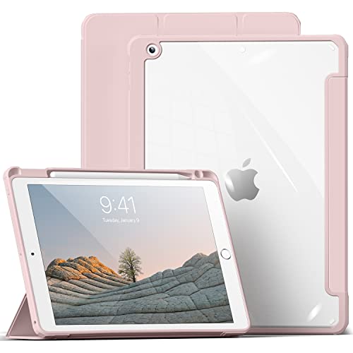 aoub Hülle für iPad 9. Generation 2021/iPad 8. Generation 2020/iPad 7. Generation 2019, Smart Folio Hülle mit Stifthalter für iPad 10,2 Zoll, Hülle für iPad 9/8/7, Transparente Rückseite, Rosa von aoub