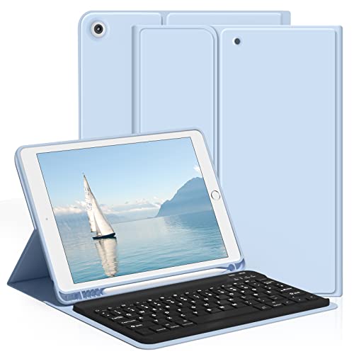 aoub Hülle mit Tastatur für iPad 9. Generation/iPad 8. Generation/iPad 7. Generation, Hülle mit Tastatur für iPad 10,2 2021/2020/2019, Kabellose QWERTZ Tastatur Hülle mit Stifthalter, Himmelblau von aoub