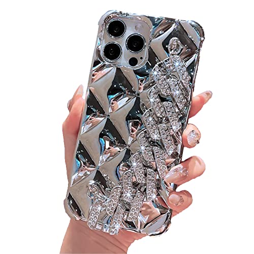 aowner Kompatibel mit iPhone 15 Hülle Bling Luxus Handschlaufe für Frauen Mädchen, 3D Glitzer Sparkle Diamant Kristall Handgelenkhalterung Airbags Stoßfest Schutzhülle Case,6,7 Zoll, Silber von aowner