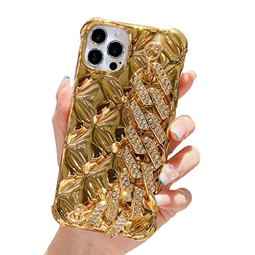 aowner Kompatibel mit iPhone 15 Pro Hülle Bling Luxus Handschlaufe für Frauen Mädchen, 3D Glitzer Sparkle Diamant Kristall Handgelenkhalterung Airbags Stoßfest Schutzhülle Case,6,7 Zoll, Gold von aowner