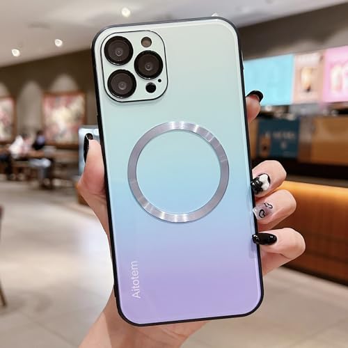 aowner Kompatibel mit iPhone 16 Pro Hülle, magnetisch, HD-Vollkamera-Objektivschutz [kompatibel mit MagSafe], kratzfest, Farbverlauf, Glas-Rückseite, schlank, stoßfest, für Damen und Herren, Blau von aowner