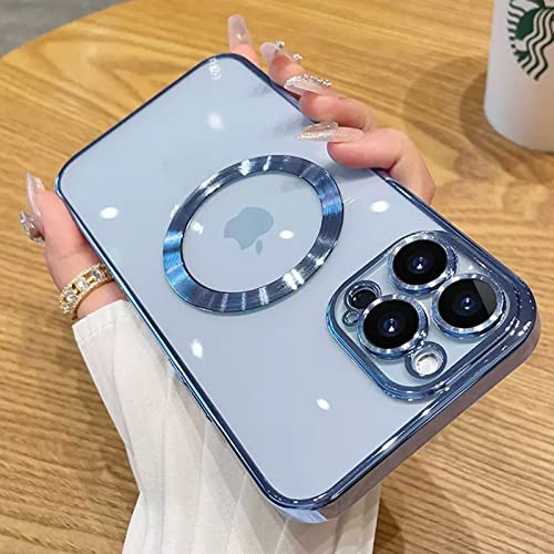 aowner Magnetische Klare Hülle für iPhone 12 Pro Hülle mit Kameraobjektivschutz, Kompatibel mit MagSafe, Vergilbungsfrei Slim Fit Stoßfest Glanz für Frauen Mädchen Schutzhülle 6,1 Zoll, Blau von aowner