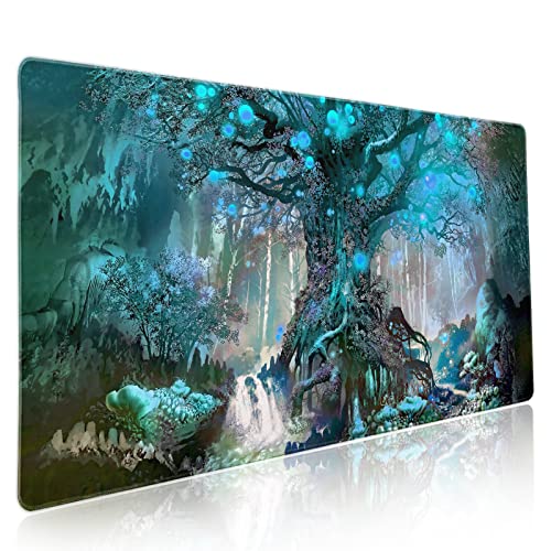 aportt Blue Magical Nature Tree Life Gaming-Mauspad, XXL, Fantasy-Wald, Märchen, erweiterte große Schreibtischunterlage, rutschfeste Gummiunterseite, genähter Rand, lang, für Desktop-Büro, 89,9 x 49,9 von aportt