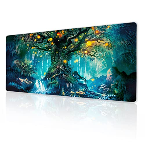 Green Magical Tree Life Gaming Mouse Pad XL Fantasy Nature Forest Aesthetic Extended Big Large Desk Mat Non-Slip Rubber Base Stitched Edge Long Keyboard Mousepad for PC Computer Laptop,31.5×11.8 inch von aportt