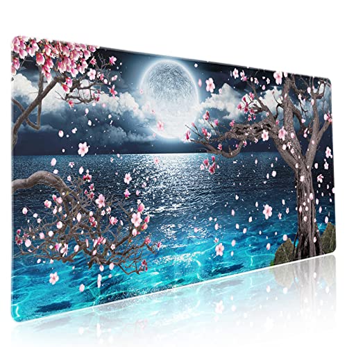 Pink Cherry Blossom Gaming Mauspad XXL Sakura Tree Blue Ocean Moon Night Extended Big Large Desk Mat Non-Slip Rubber Base Stitched Edge Long Keyboard Mousepad for PC Computer Laptop,35.4×15.7 inch von aportt