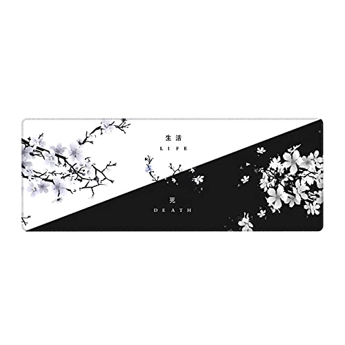 Schwarz-weiße Kirschblüten-Mauspad, japanische Sakura-Todesleben-Blume, erweiterte Schreibtischunterlage, 80 x 30 cm, rutschfeste Gummiunterseite, genähter Rand, Laptop, Desktop von aportt