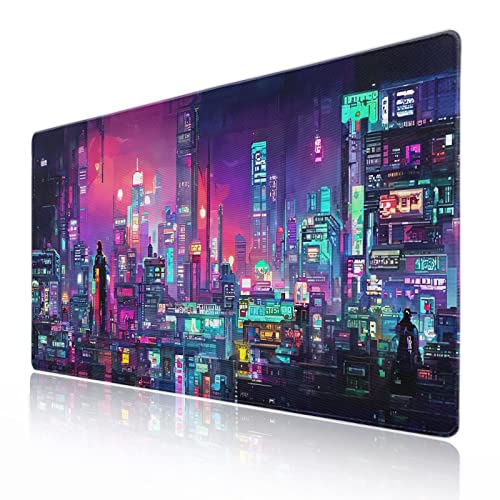 aportt Retro Japanisches Anime Gaming Mauspad XXL Cool Dark Purple Red Vaporwave City Extended Large Desk Mat Big Mousepad rutschfeste Gummiunterseite Genähte Kante Lang für Computer 90 x 40 cm von aportt