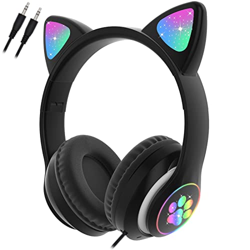 arVin Bluetooth Kopfhörer für Kinder, Kabellos Faltbar Kopfhörer, TF Karte, 3.5mm Jack, HiFi Stereo Sound LED Licht Over Ear Headset mit Mikrofon für Schule/Tablet/iPhone/Samsung (Schwarz) von arVin