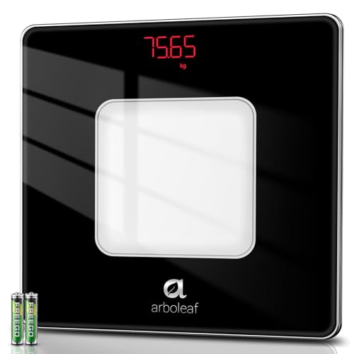 arboleaf Personenwaage hochpräzise digitale Waage mit Step-On-Technik und klarer LED-Anzeige, Waage Personen für Körpergewicht aus gehärtetem Glas 180KG inklusive Batterien(Schwarz) von arboleaf