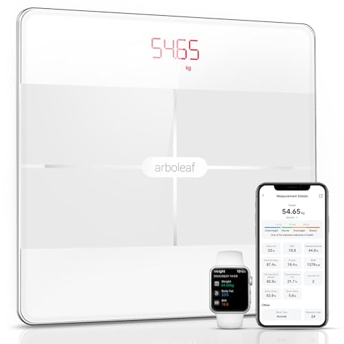 arboleaf Waage Personen Körperanalyse, Körperfettwaage digital mit App und 13 Körpermasse 396lb/180kg, Bluetooth Personenwaage für BMI, Körperfett und Muskeln, Protein, BMR usw. (Weiß) von arboleaf