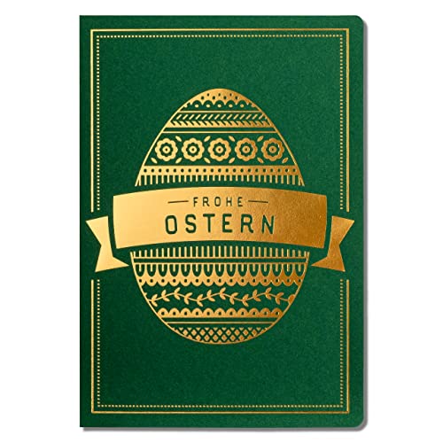 Art Nuvo EXKLUSIVE OSTERKARTEN – SATZ VON 10 MANUFAKTURKARTEN IN GRÜN 120x170mm, VERGOLDETE UND GEPRÄGTE OSTERMOTIVE HERGESTELLT AUS MATTEM SCHMUCKPAPIER, MIT BEIGEN EINLAGEN UND UMSCHLÄGEN, EE-0110B von art nuvo