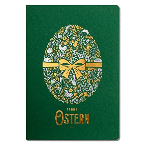 Art Nuvo EXKLUSIVE OSTERKARTEN – SATZ VON 10 MANUFAKTURKARTEN IN GRÜN 120x170mm, VERGOLDETE UND GEPRÄGTE OSTERMOTIVE HERGESTELLT AUS MATTEM SCHMUCKPAPIER, MIT BEIGEN EINLAGEN UND UMSCHLÄGEN, EE-0103B von art nuvo