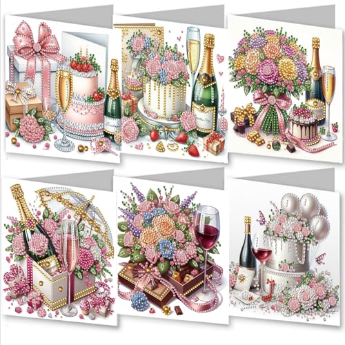 5D-Diamant-Gemälde-Grußkarten-Set zum Selbermachen, mit Umschlägen, hochwertig, handgefertigt, ideal für Geburtstage, Feiertage und Jubiläen, Kuchen-Champagner-Bouquet-Muster (rosa Basis), 6 Stück von artcici