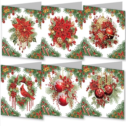 5D-Diamant-Gemälde-Grußkarten-Set zum Selbermachen, mit Umschlägen, hochwertig, handgefertigt, ideal für Geburtstage, Feiertage und Jubiläen, Weihnachtskranz, Kugeln, Weihnachtsstern, Glocken, Rot, 6 5D-Diamant-Gemälde-Grußkarten-Set zum Selbermachen, mit Umschlägen, hochwertig, handgefertigt, ideal für Geburtstage, Feiertage und Jubiläen, Weihnachtskranz, Kugeln, Weihnachtsstern, Glocken, Rot, 6 von artcici