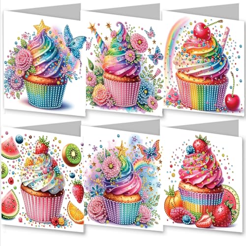 5D-Diamantgemälde-Grußkarten-Set zum Selbermachen, mit Umschlägen, hochwertig, handgefertigt, ideal für Geburtstage, Feiertage und Jubiläen, Regenbogen-Cupcake-Kirsch-Muster, Rot, 6 Stück 5D-Diamantgemälde-Grußkarten-Set zum Selbermachen, mit Umschlägen, hochwertig, handgefertigt, ideal für Geburtstage, Feiertage und Jubiläen, Regenbogen-Cupcake-Kirsch-Muster, Rot, 6 Stück von artcici