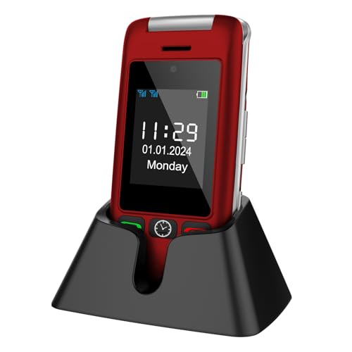 artfone C10 Rot, mit Ladestation,Simlockfreie Seniorenhandy Klapphandy ohne Vertrag,GSM Großtasten Mobiltelefon SOS Notruffunktion,Taschenlampe,Dual Display. von artfone