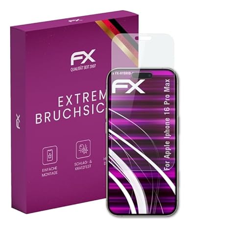 atFoliX Glasfolie kompatibel mit Apple iPhone 16 Pro Max Panzerfolie, 9H Hybrid-Glass FX Schutzpanzer Folie von atFoliX