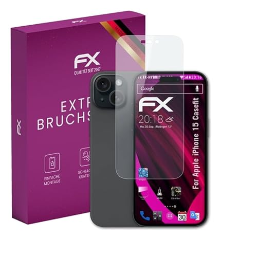 atFoliX Glasfolie kompatibel mit Apple iPhone 15 Casefit Panzerfolie, 9H Hybrid-Glass FX Schutzpanzer Folie von atFoliX