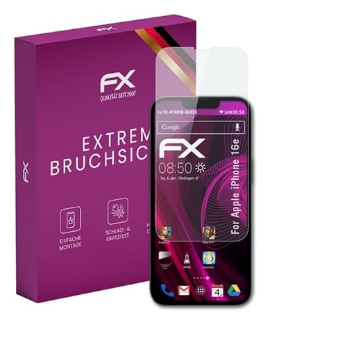 atFoliX Glasfolie kompatibel mit Apple iPhone 16e Panzerfolie, 9H Hybrid-Glass FX Schutzpanzer Folie von atFoliX