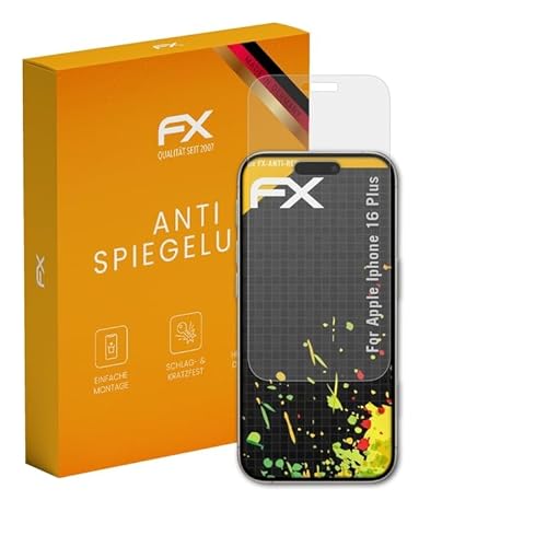atFoliX Panzerfolie kompatibel mit Apple iPhone 16 Plus Schutzfolie, entspiegelnde und stoßdämpfende FX Folie (3X) von atFoliX