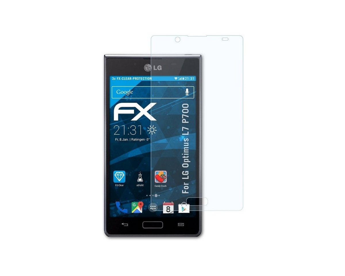 atFoliX Schutzfolie Displayschutz für LG Optimus L7 P700, (3 Folien), Ultraklar und hartbeschichtet von atFoliX