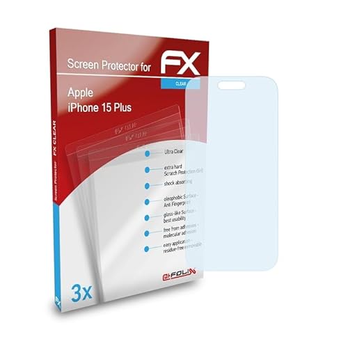 atFoliX Schutzfolie kompatibel mit Apple iPhone 15 Plus Folie, ultraklare FX Displayschutzfolie (3X) von atFoliX