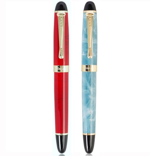 JinHao X450 Klassischer Füllfederhalter, M-Spitze, Schreibstift mit Tintenkonverter für Büro-Stifte (roter und blauer Marmor), 2 Stück von atokiss