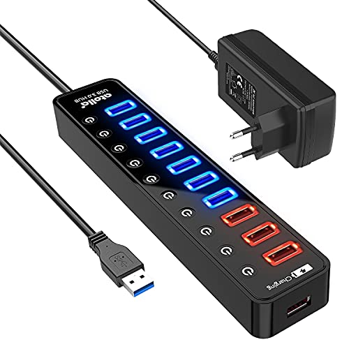 Atolla, HUB USB 3.0 Stromversorgung, 11 Ports, 7 USB-Ports, SuperSpeed-Datenübertragung und 4-Port-Quick-Charge, mit unabhängigem Schalter und Netzteil (12 V/4 A) und LEDs von atolla