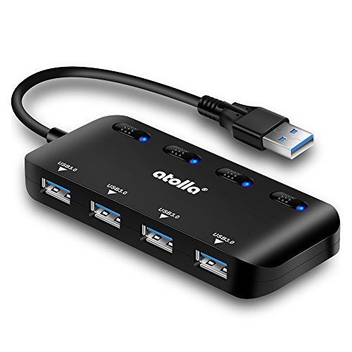 Atolla USB-Hub 3.0, Mehrfachsteckdose, 4 USB-Ports, Multiple Ultra Slim mit Kontrollleuchten für einzelne Netzschalter von atolla