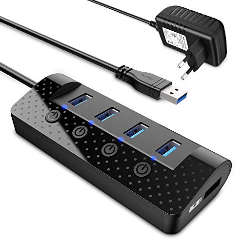 Atolla USB-Hub mit Stromversorgung und USB-3.0-Hub mit 4 Ports Plus Lade-Ports mit EIN-/Ausschalter – Netzteil inklusive, USB-3.0-Hub mit externer Stromversorgung von atolla