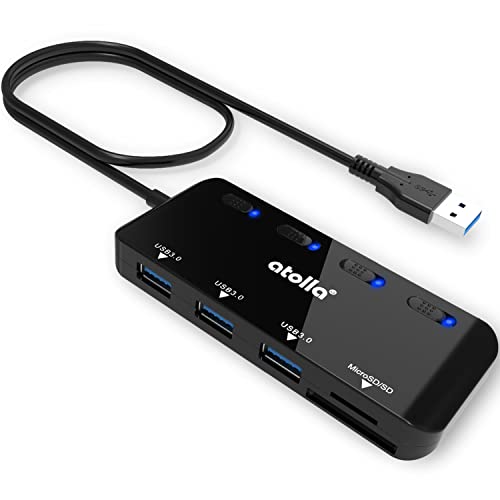 SD Kartenleser, atolla USB Hub mit SD/Micro SD Kartenleser, USB Splitter mit 3 USB Ports, 2 Kartensteckplätzen und einzelnen LED Power Switches von atolla