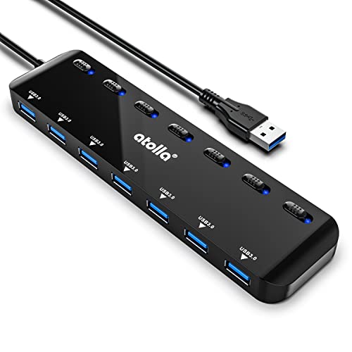 USB HUB, atolla USB Splitter with 7 USB-A Ports, Ultra Slim USB 3.0 Data Hub with 100 cm Extension Cable and Separate Switch with LED Indicator von atolla