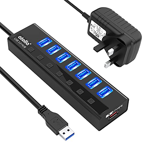 USB-Hub 3.0, atolla 7-Port USB-Daten-Hub-Splitter und ein intelligenter Ladeanschluss, USB-Verlängerungs-Hub mit individuellen Ein-/Aus-Schaltern und 5 V/4 A Netzadapter von atolla