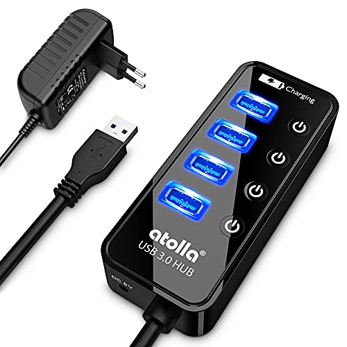 USB Hub mit Netzteil, atolla USB 3.0 Hub Aktiv mit 4 Ports SuperSpeed Datenübertragung und Schalter, USB Verteiler mit Intelligenter Charging Port und 15W(5V/3A) Netzteil Adapter von atolla